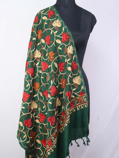 Green Embroidered Kashmiri Aari Work Woollen Stole - Luxurion World