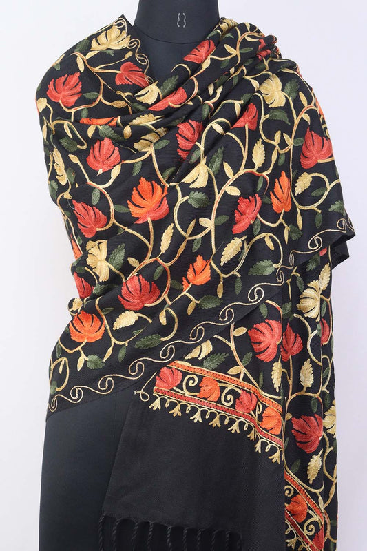Black Embroidered Kashmiri Aari Work Woollen Stole - Luxurion World