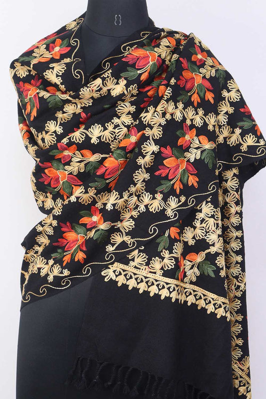 Black Embroidered Kashmiri Aari Work Woollen Stole - Luxurion World