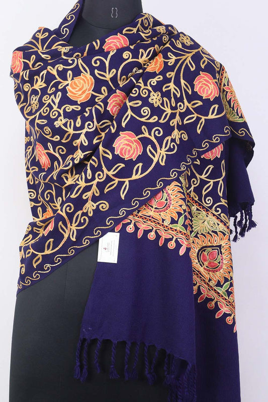 Blue Embroidered Kashmiri Aari Work Woollen Stole - Luxurion World