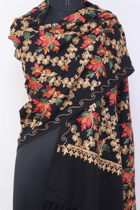 Black Embroidered Kashmiri Aari Work Woollen Stole - Luxurion World