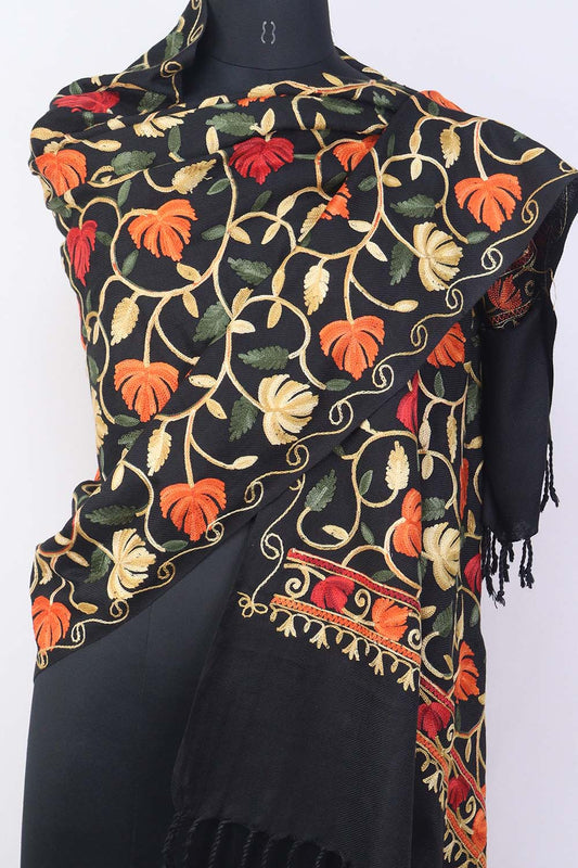 Black Embroidered Kashmiri Aari Work Woollen Stole - Luxurion World
