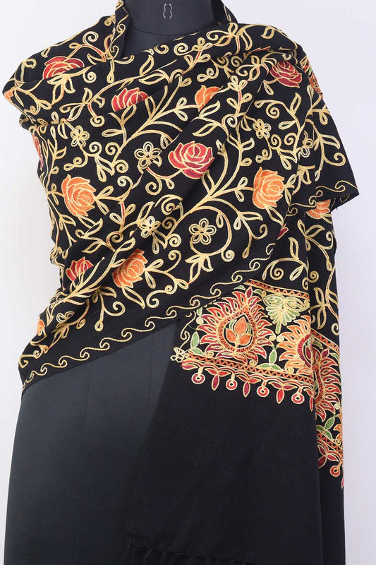 Black Embroidered Kashmiri Aari Work Woollen Stole - Luxurion World