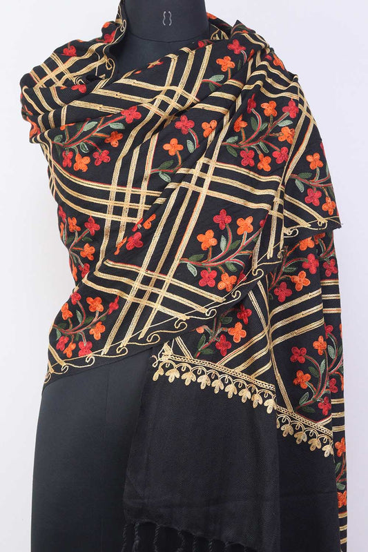 Black Embroidered Kashmiri Aari Work Woollen Stole - Luxurion World