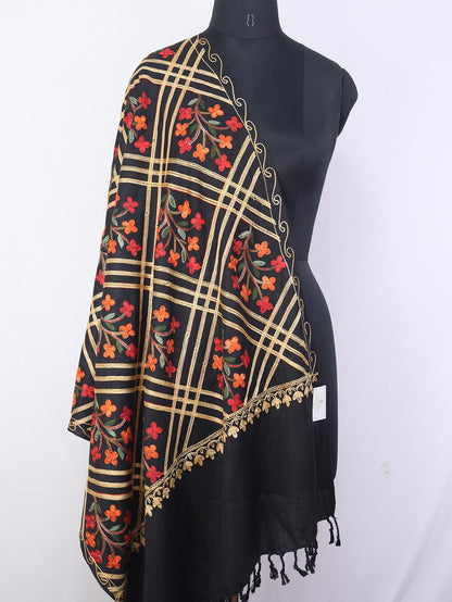 Black Embroidered Kashmiri Aari Work Woollen Stole - Luxurion World