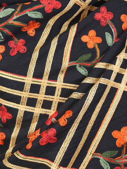 Black Embroidered Kashmiri Aari Work Woollen Stole - Luxurion World