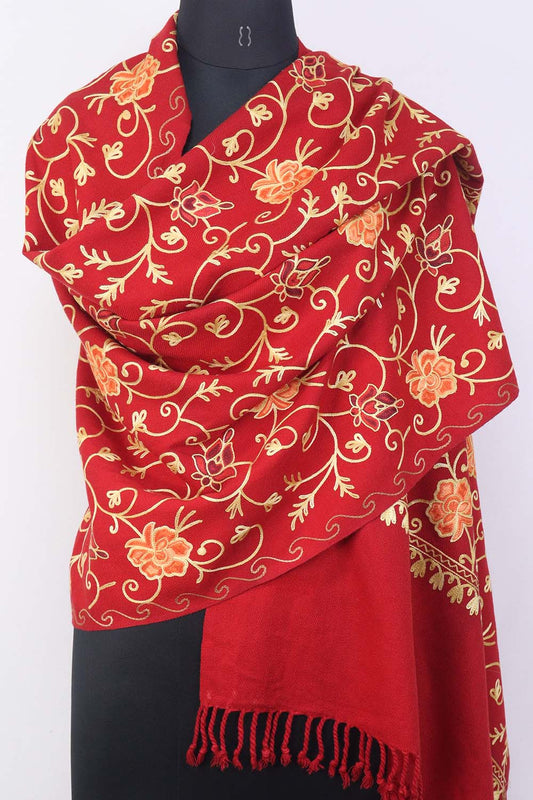 Red Embroidered Kashmiri Aari Work Woollen Stole - Luxurion World
