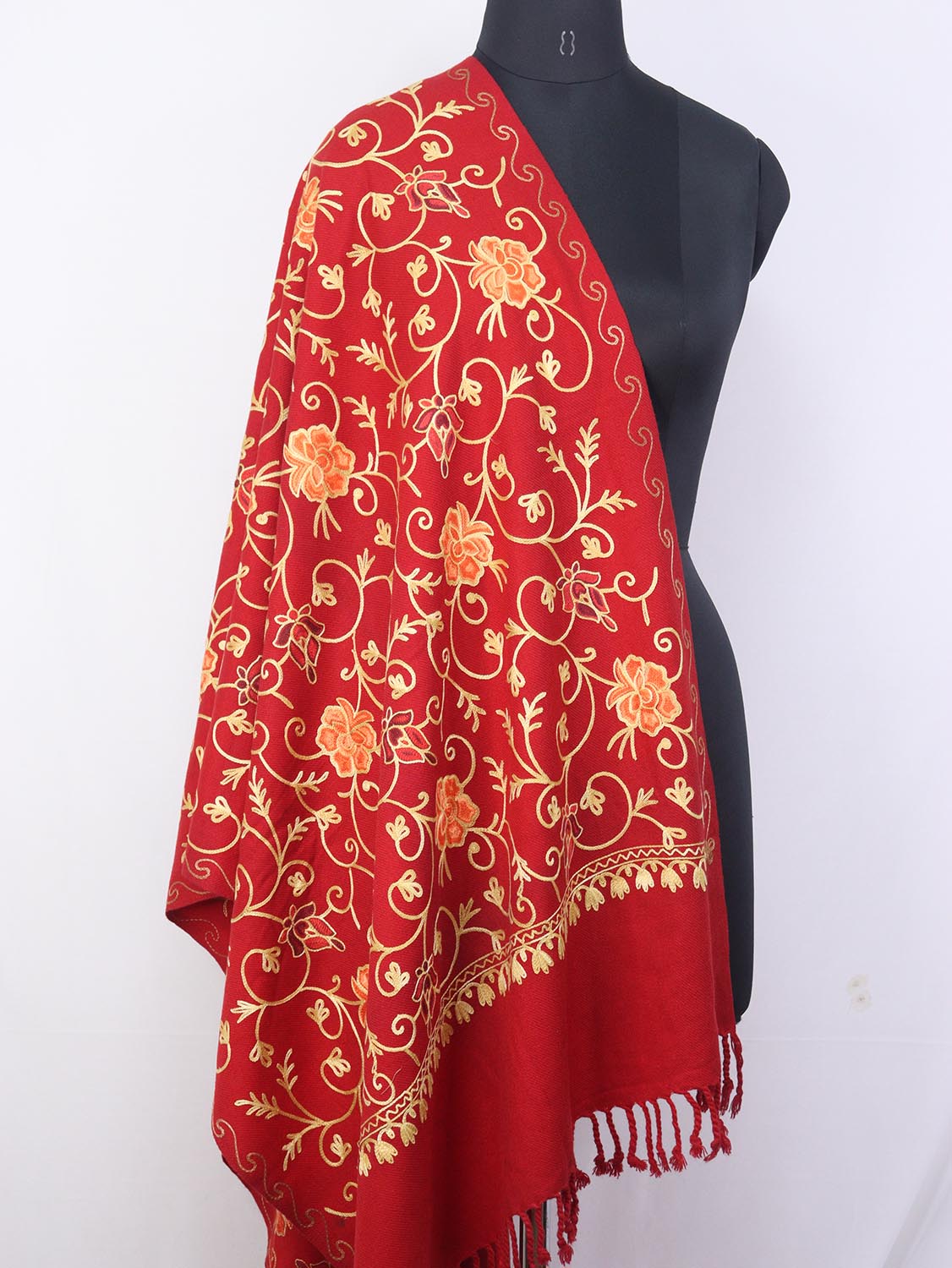 Red Embroidered Kashmiri Aari Work Woollen Stole - Luxurion World