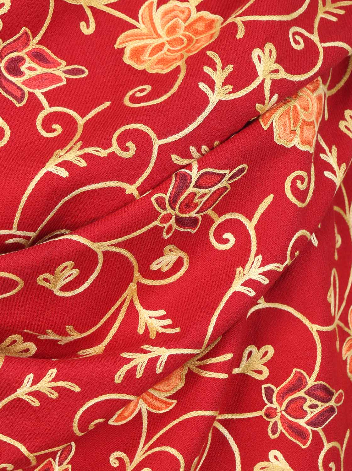 Red Embroidered Kashmiri Aari Work Woollen Stole - Luxurion World