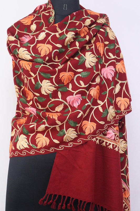 Red Embroidered Kashmiri Aari Work Woollen Stole - Luxurion World