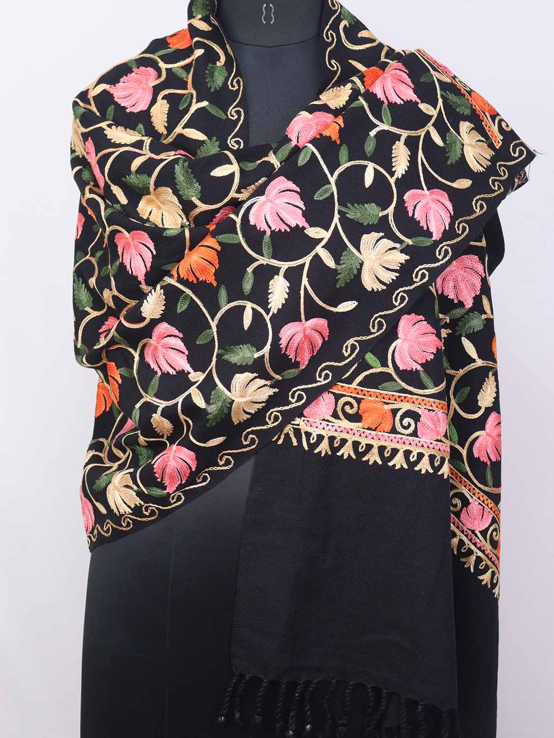 Black Embroidered Kashmiri Aari Work Woollen Stole - Luxurion World