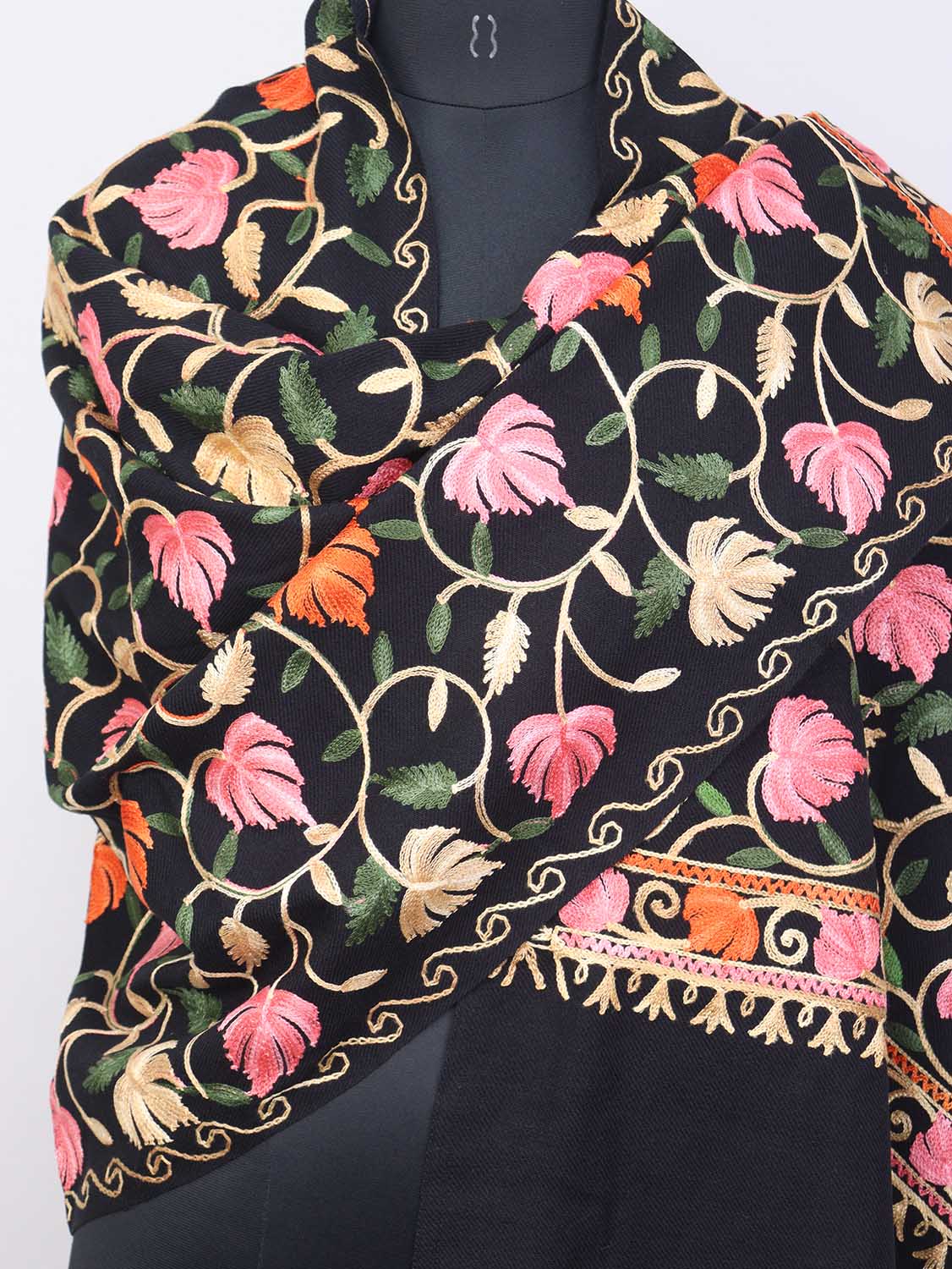 Black Embroidered Kashmiri Aari Work Woollen Stole - Luxurion World