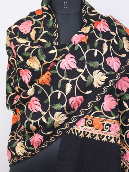 Black Embroidered Kashmiri Aari Work Woollen Stole - Luxurion World