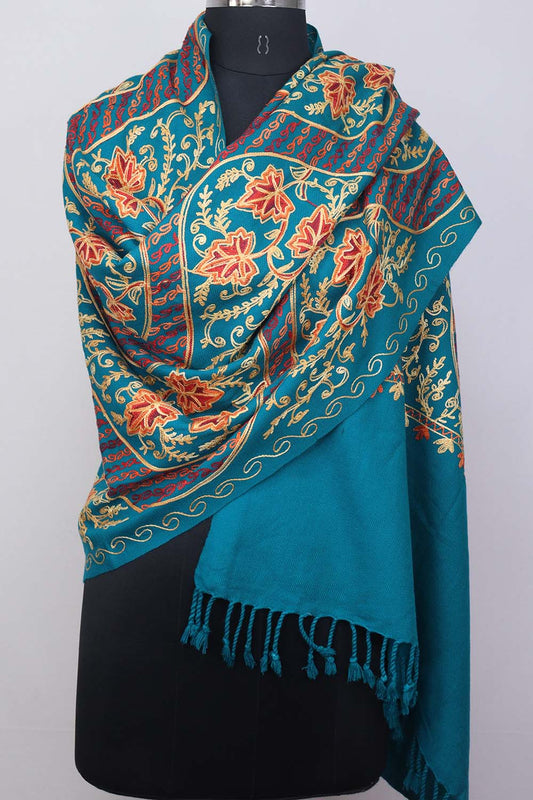 Blue Embroidered Kashmiri Aari Work Woollen Stole