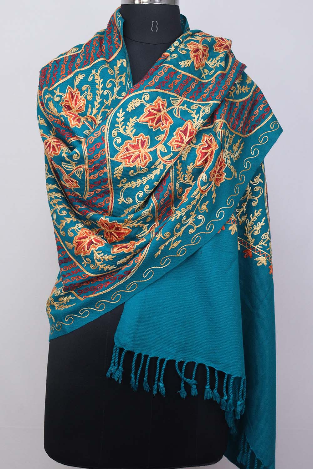 Blue Embroidered Kashmiri Aari Work Woollen Stole - Luxurion World