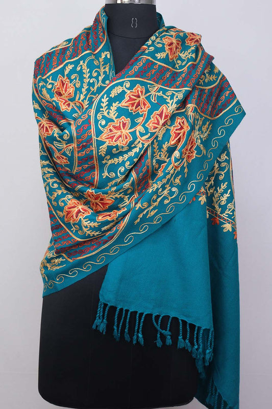Blue Embroidered Kashmiri Aari Work Woollen Stole - Luxurion World
