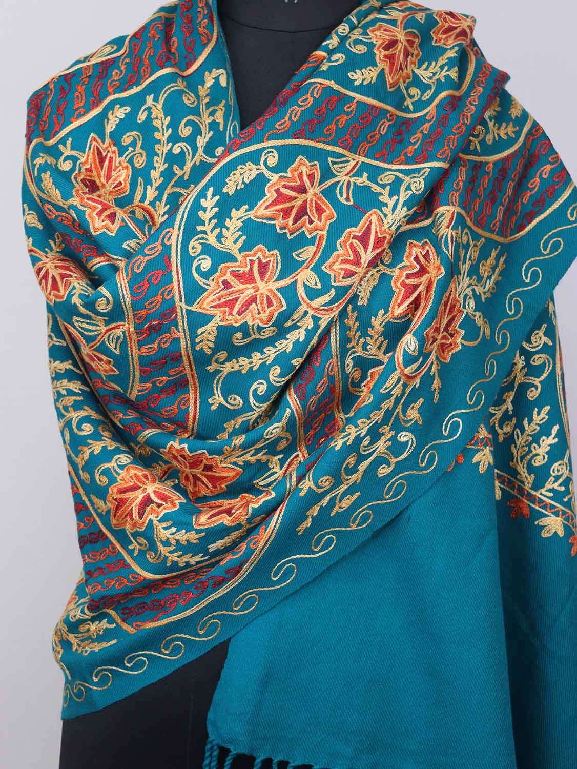 Blue Embroidered Kashmiri Aari Work Woollen Stole - Luxurion World