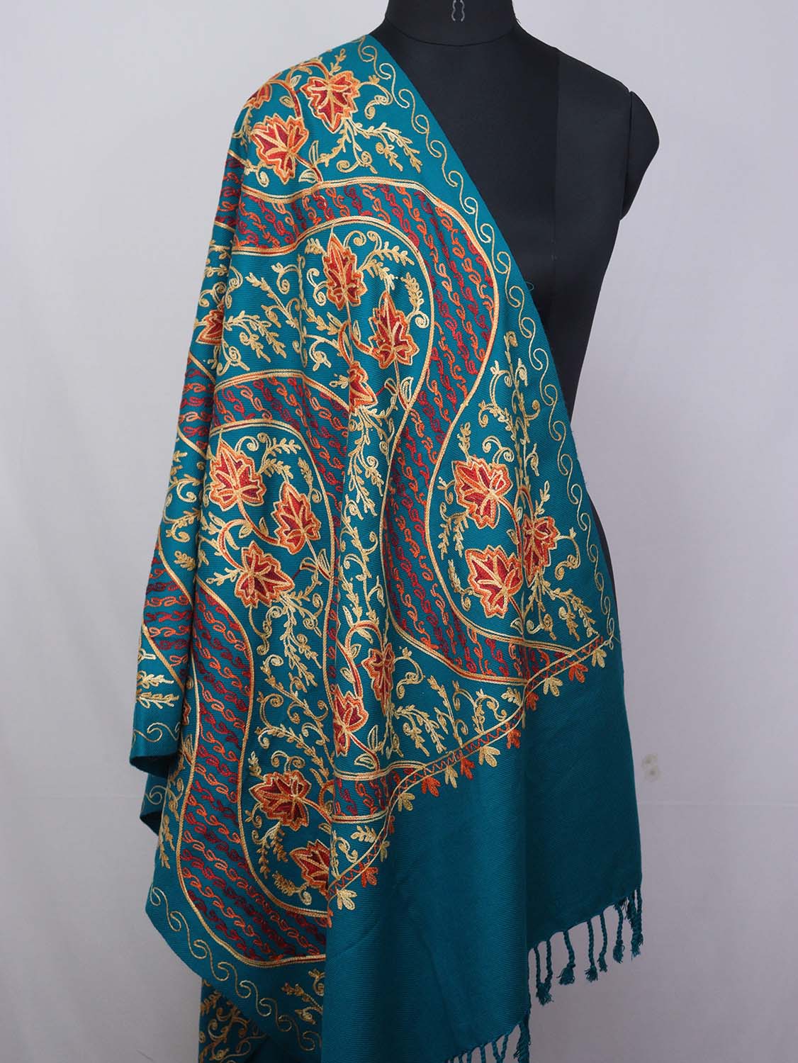 Blue Embroidered Kashmiri Aari Work Woollen Stole - Luxurion World
