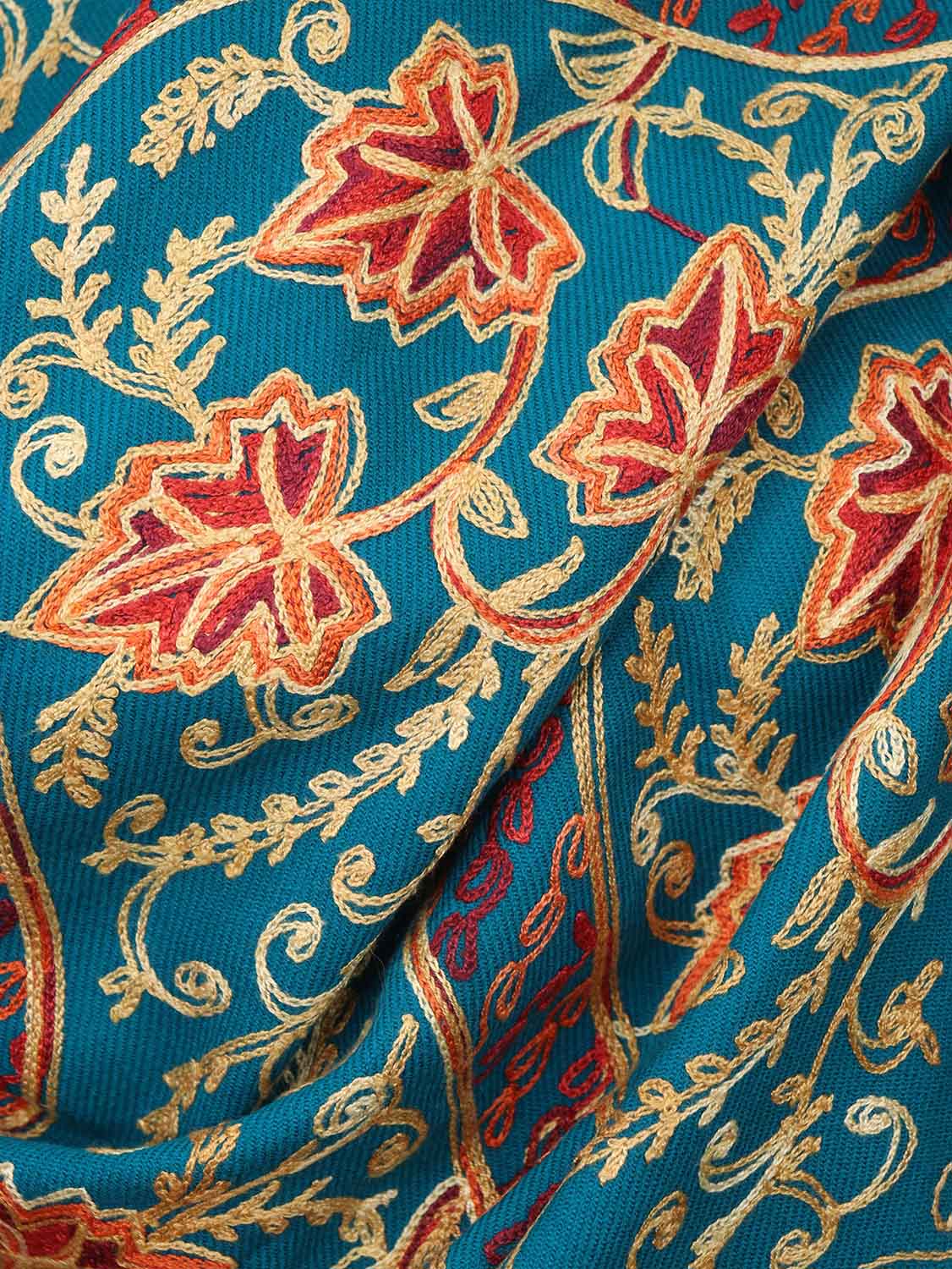 Blue Embroidered Kashmiri Aari Work Woollen Stole - Luxurion World