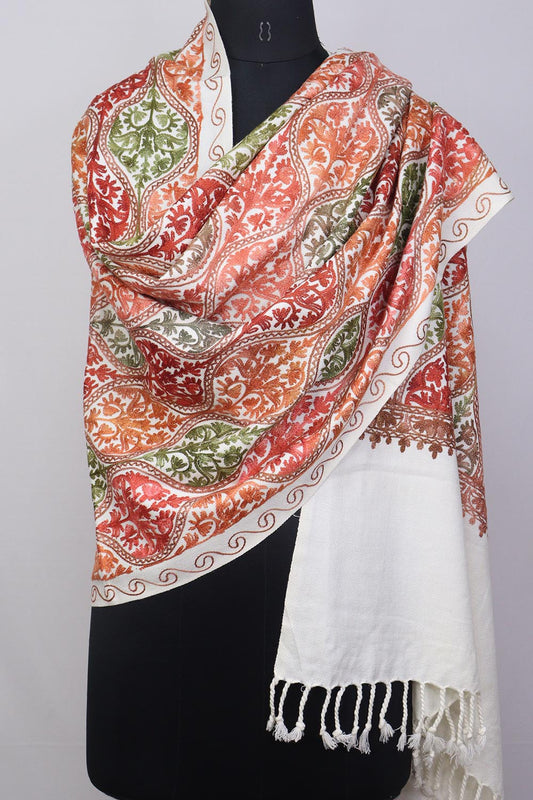 Off White Embroidered Kashmiri Aari Work Woollen Stole - Luxurion World