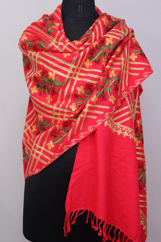 Red Embroidered Kashmiri Aari Work Woollen Stole - Luxurion World