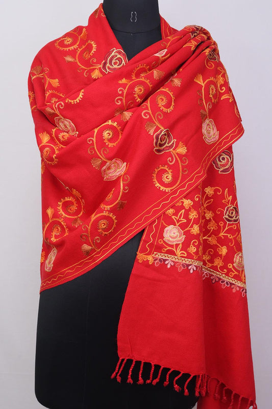 Red Embroidered Kashmiri Aari Work Woollen Stole - Luxurion World