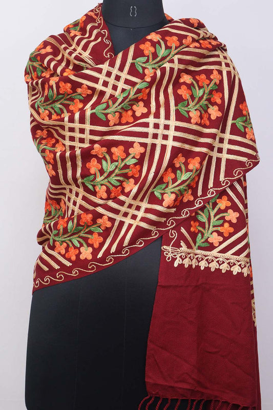 Maroon Embroidered Kashmiri Aari Work Woollen Stole - Luxurion World