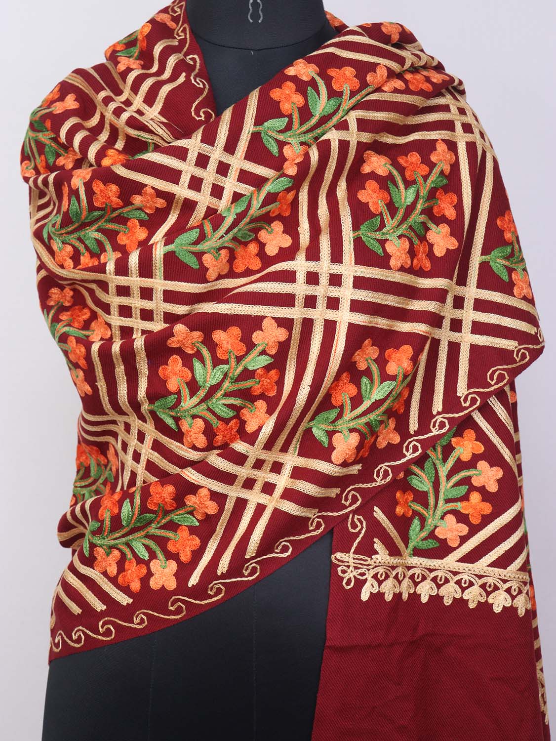 Maroon Embroidered Kashmiri Aari Work Woollen Stole - Luxurion World