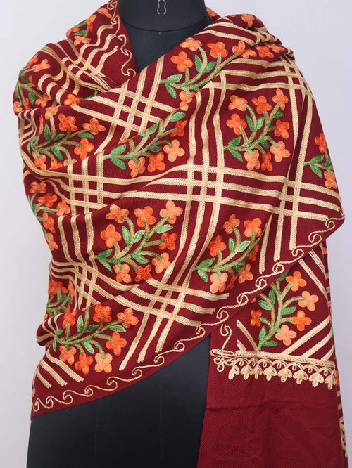 Maroon Embroidered Kashmiri Aari Work Woollen Stole - Luxurion World