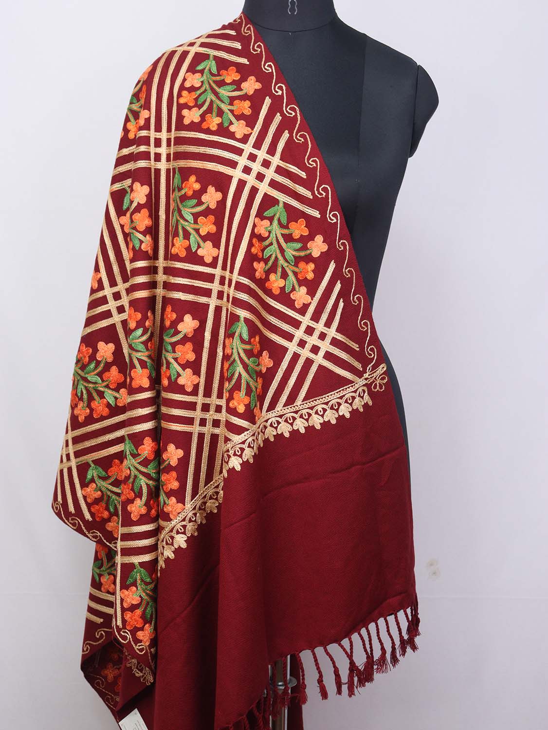 Maroon Embroidered Kashmiri Aari Work Woollen Stole - Luxurion World