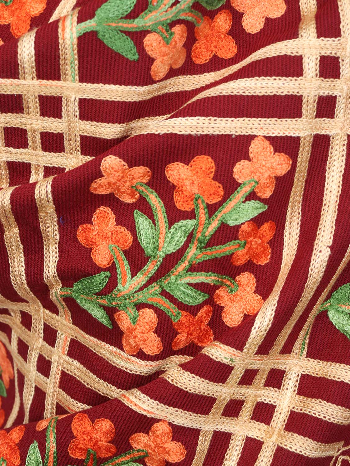 Maroon Embroidered Kashmiri Aari Work Woollen Stole - Luxurion World