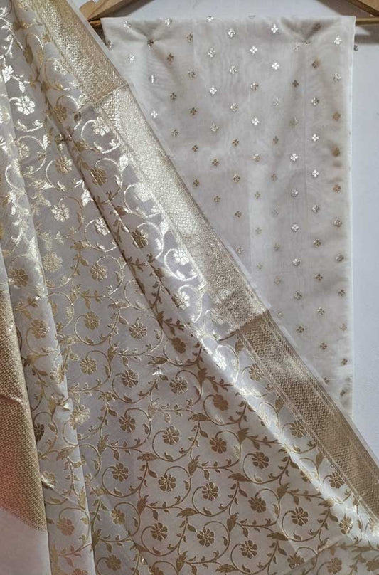 Dyeable Banarasi Chanderi Silk Three Piece Unstitched Suit Set - Luxurion World