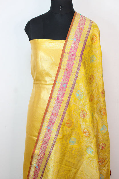 Yellow Plain Soft Tissue Katan Silk Suit With Yellow Handloom Banarasi Pure Katan Silk Meenakari Dupatta