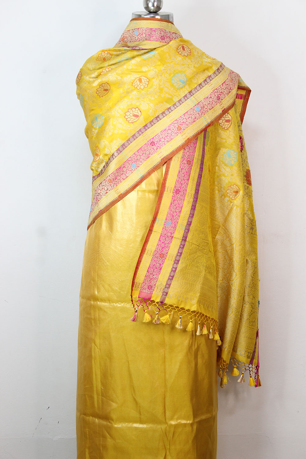 Yellow Plain Soft Tissue Katan Silk Suit With Yellow Handloom Banarasi Pure Katan Silk Meenakari Dupatta - Luxurion World