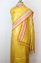 Yellow Plain Soft Tissue Katan Silk Suit With Yellow Handloom Banarasi Pure Katan Silk Meenakari Dupatta - Luxurion World