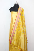 Yellow Plain Soft Tissue Katan Silk Suit With Yellow Handloom Banarasi Pure Katan Silk Meenakari Dupatta - Luxurion World