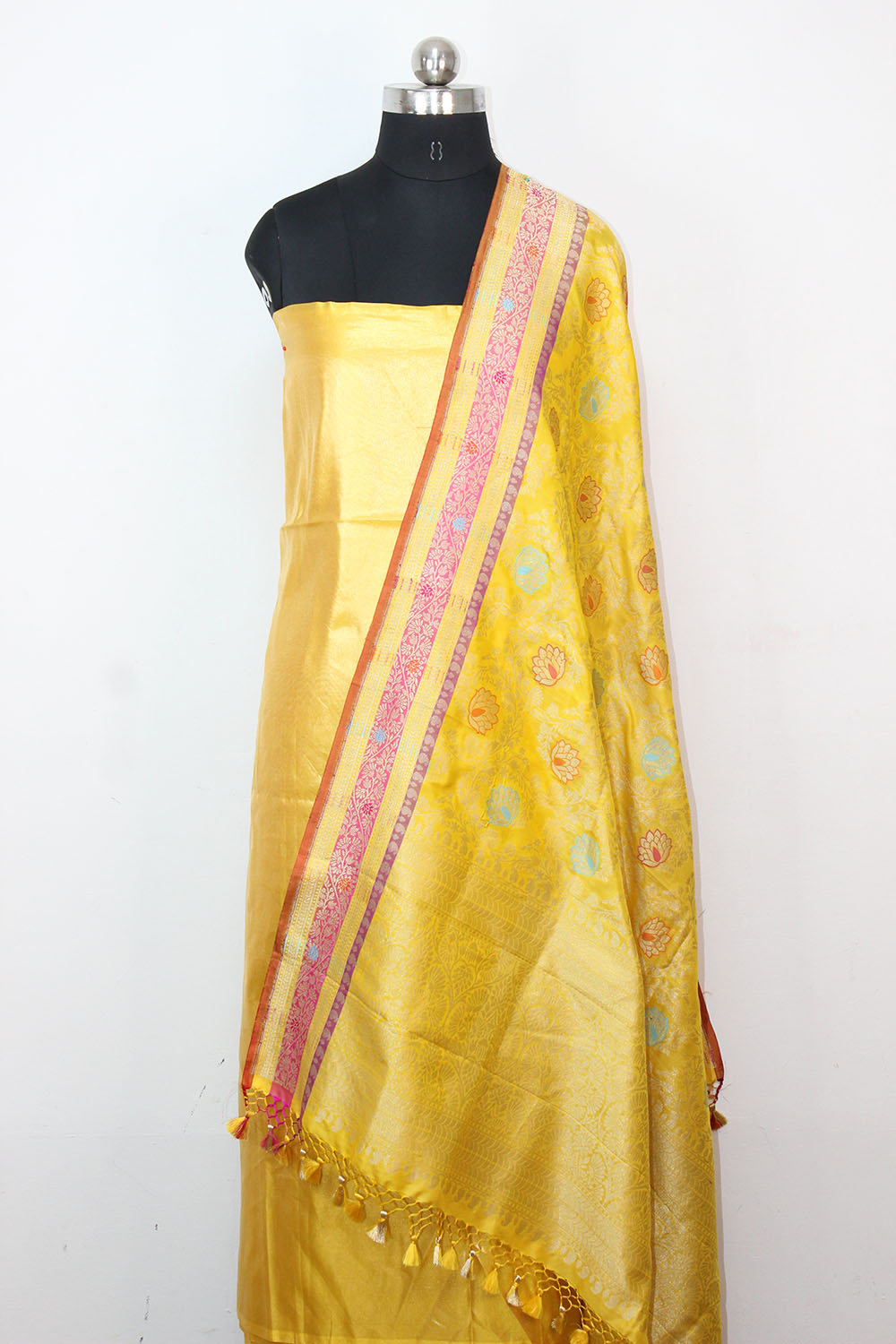 Yellow Plain Soft Tissue Katan Silk Suit With Yellow Handloom Banarasi Pure Katan Silk Meenakari Dupatta - Luxurion World