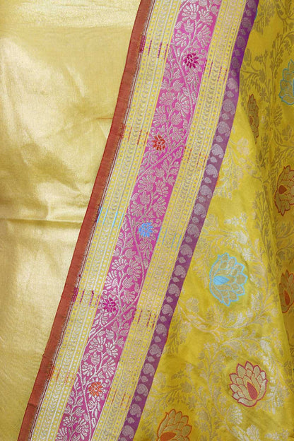 Yellow Plain Soft Tissue Katan Silk Suit With Yellow Handloom Banarasi Pure Katan Silk Meenakari Dupatta - Luxurion World