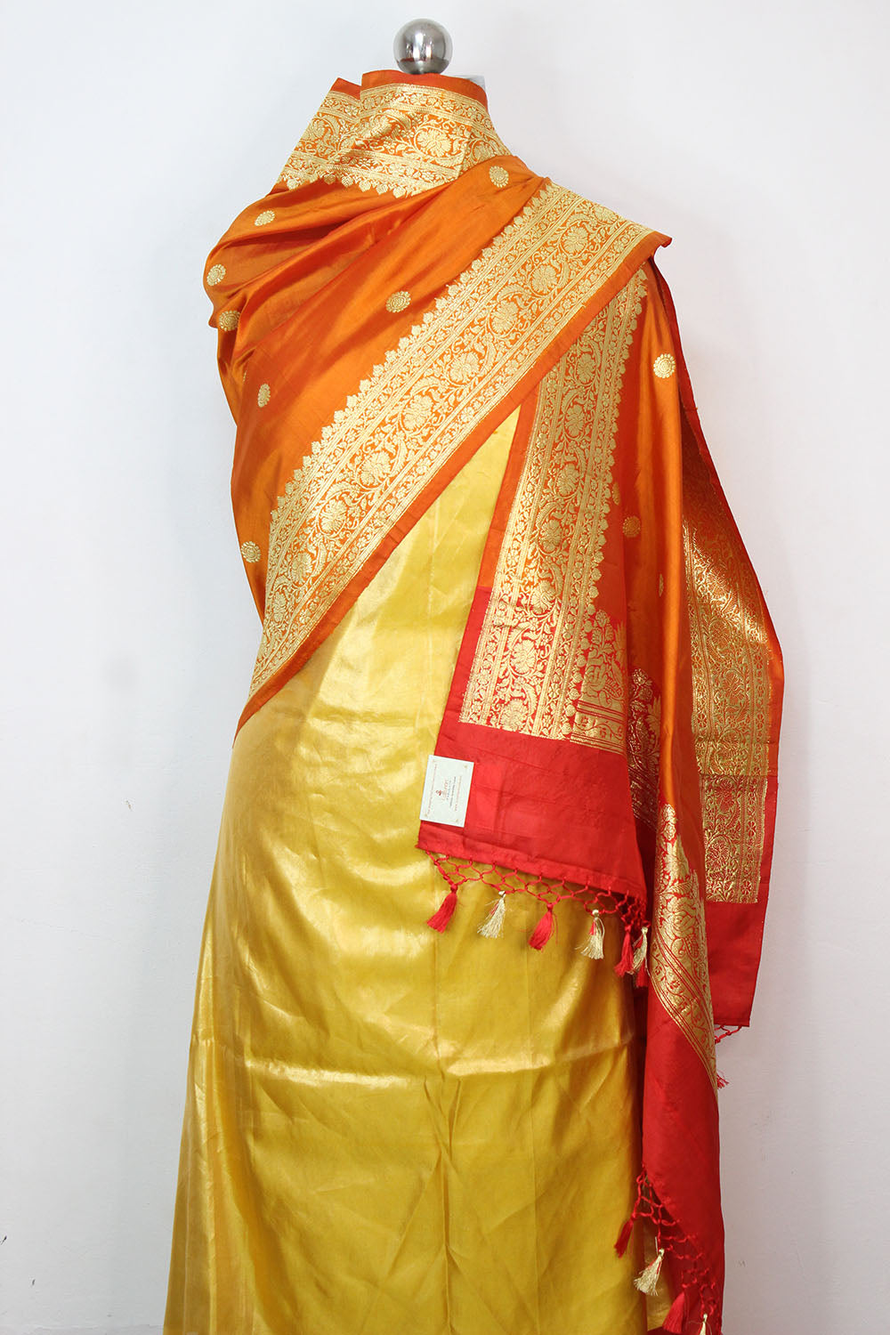 Yellow Plain Soft Tissue Katan Silk Suit With Orange Handloom Banarasi Pure Katan Silk Dupatta - Luxurion World