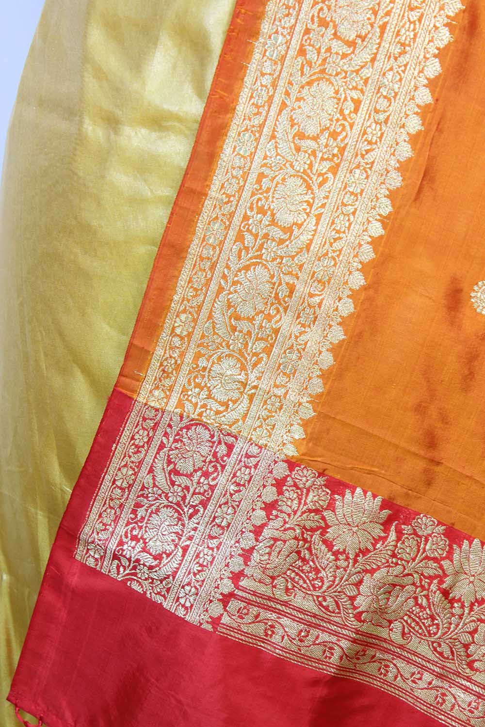 Yellow Plain Soft Tissue Katan Silk Suit With Orange Handloom Banarasi Pure Katan Silk Dupatta