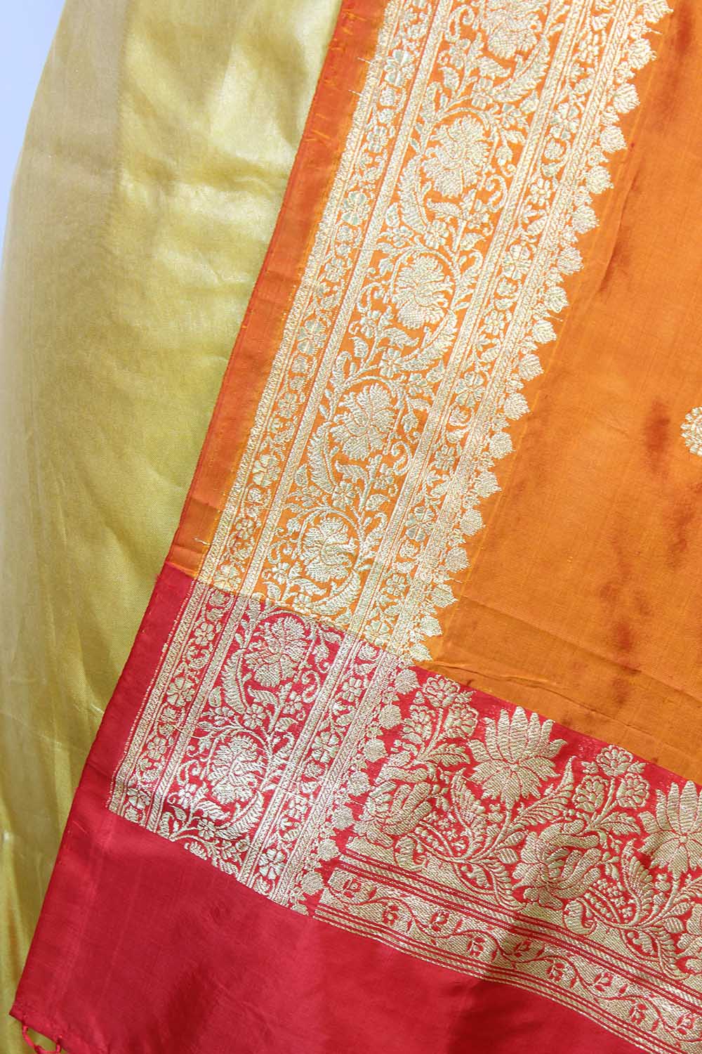 Yellow Plain Soft Tissue Katan Silk Suit With Orange Handloom Banarasi Pure Katan Silk Dupatta - Luxurion World