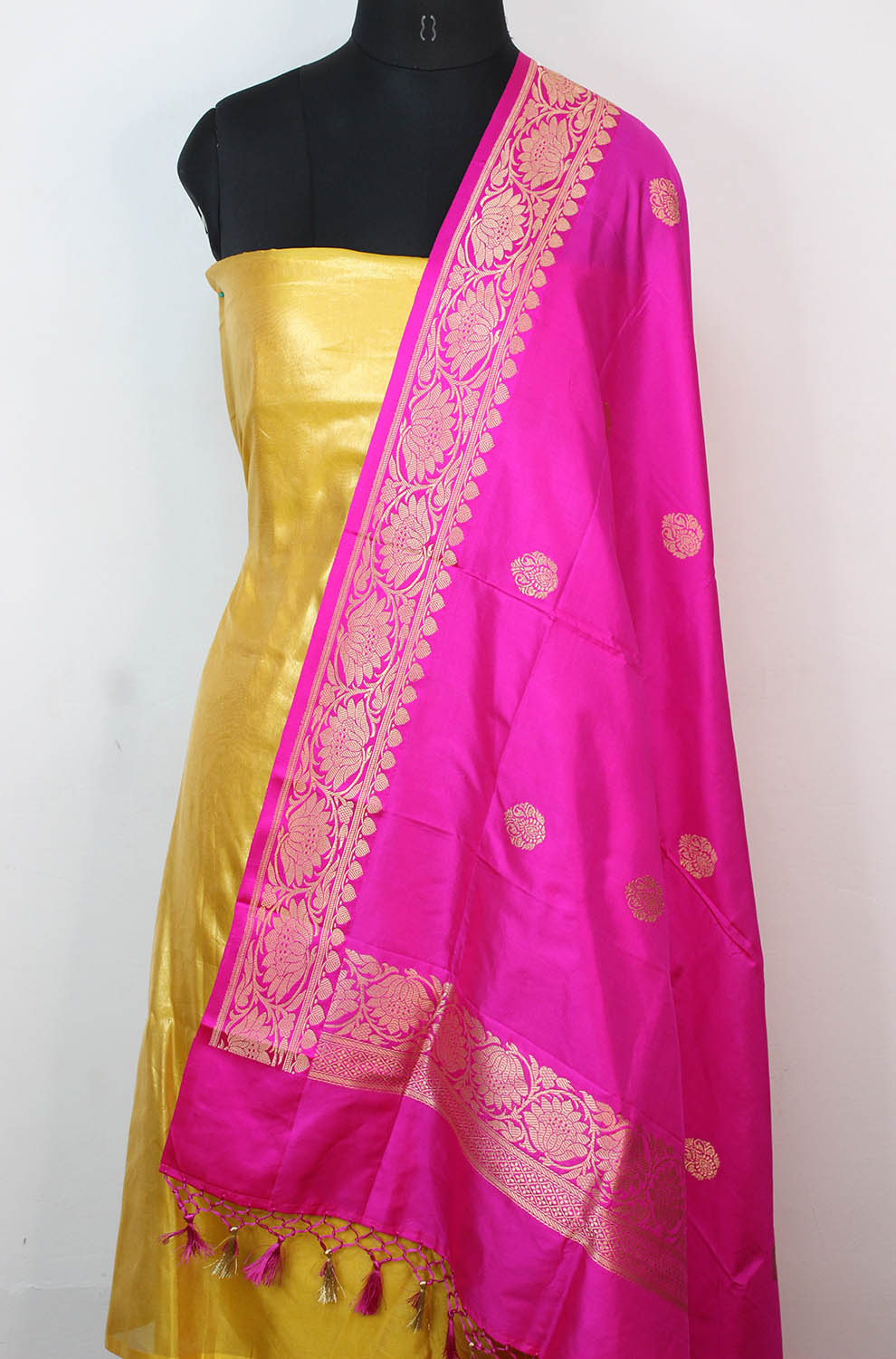 Yellow Plain Soft Tissue Katan Silk Suit With Pink Handloom Banarasi Pure Katan Silk Dupatta