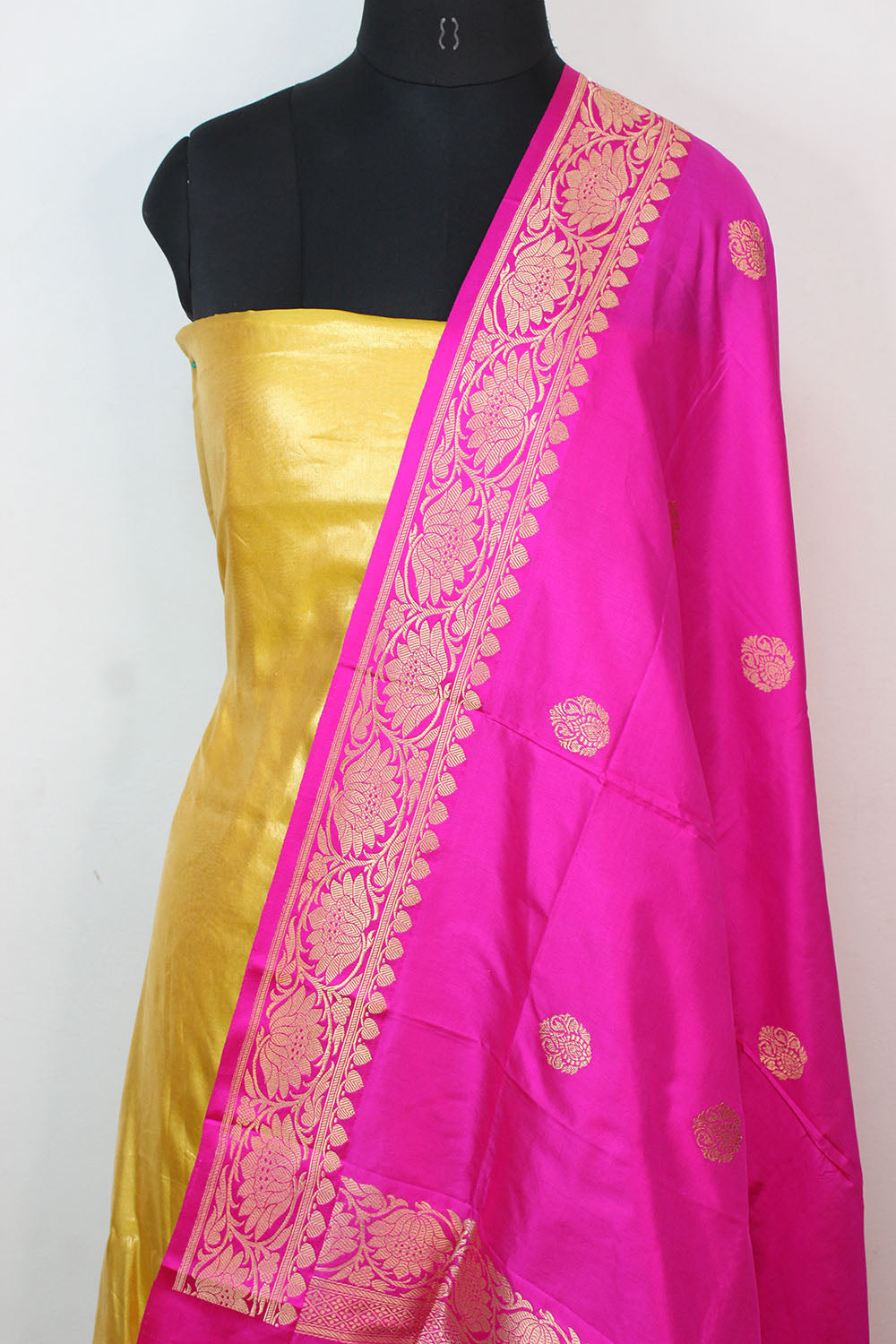 Yellow Plain Soft Tissue Katan Silk Suit With Pink Handloom Banarasi Pure Katan Silk Dupatta - Luxurion World