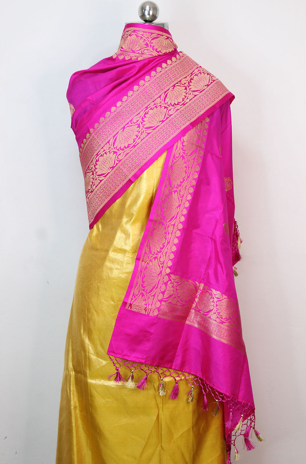 Yellow Plain Soft Tissue Katan Silk Suit With Pink Handloom Banarasi Pure Katan Silk Dupatta
