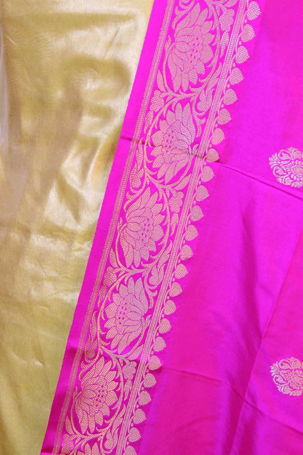 Yellow Plain Soft Tissue Katan Silk Suit With Pink Handloom Banarasi Pure Katan Silk Dupatta - Luxurion World