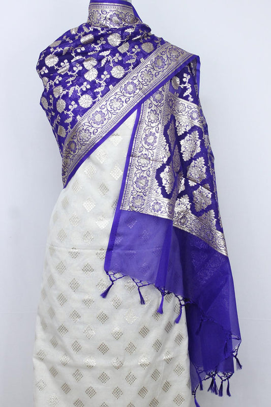 Dyeable Banarasi Cotton Silk Suit With Blue Banarasi Organza Dupatta - Luxurion World
