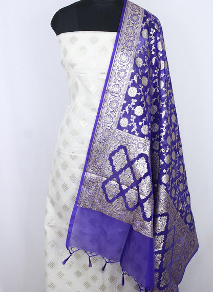 Dyeable Banarasi Cotton Silk Suit With Blue Banarasi Organza Dupatta - Luxurion World