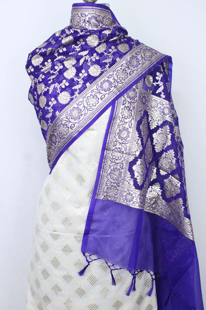 Dyeable Banarasi Cotton Silk Suit With Blue Banarasi Organza Dupatta - Luxurion World