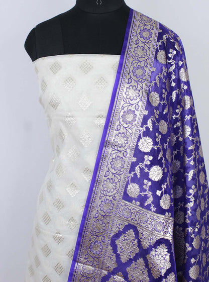 Dyeable Banarasi Cotton Silk Suit With Blue Banarasi Organza Dupatta - Luxurion World