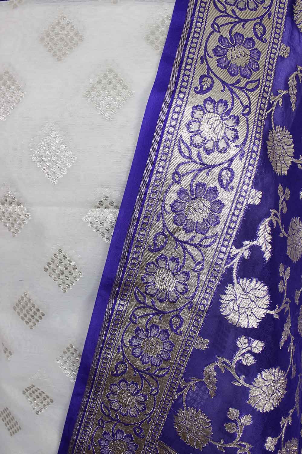 Dyeable Banarasi Cotton Silk Suit With Blue Banarasi Organza Dupatta - Luxurion World